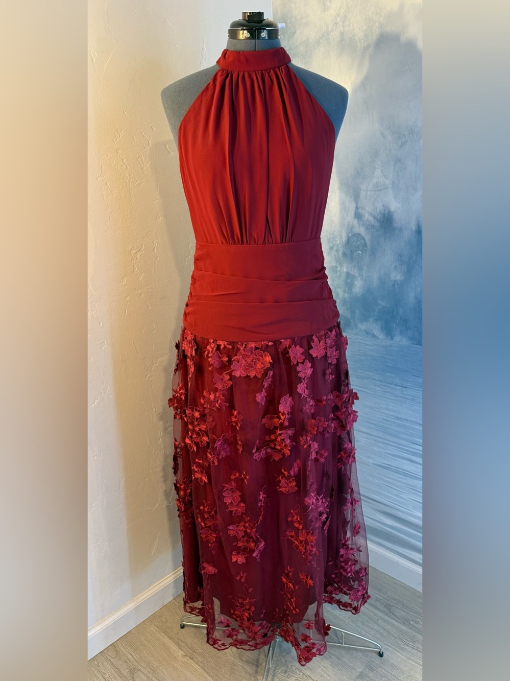 Halter Neck Burgundy Embroidered Dress #423